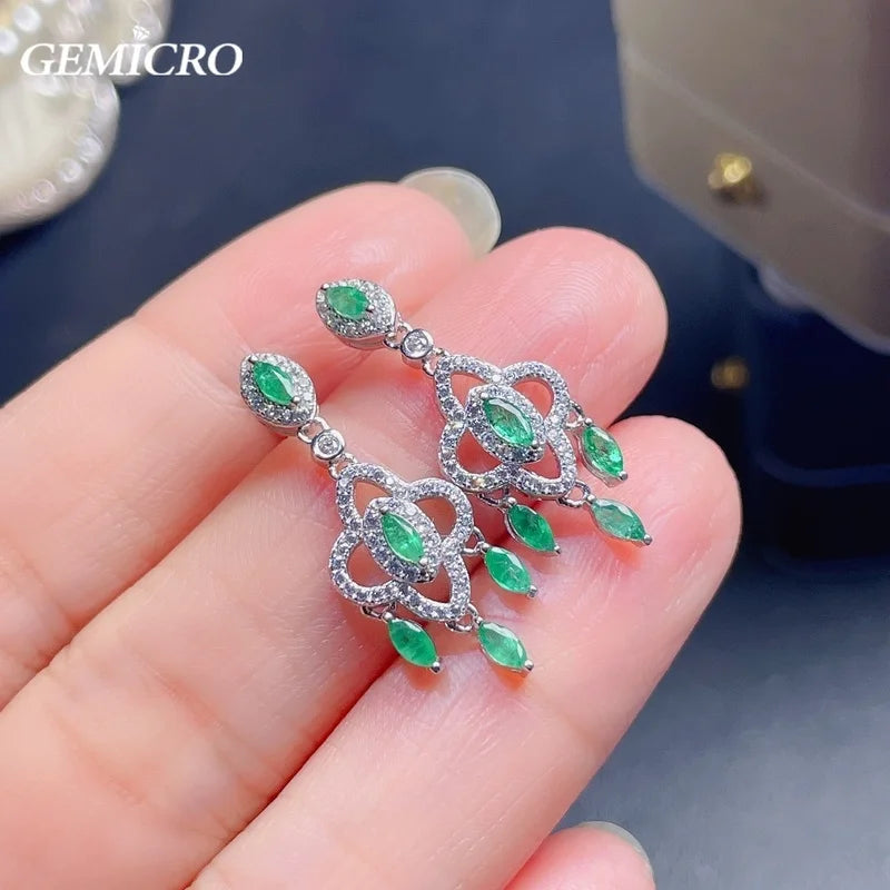 Natural Emerald Drop Earrings with Gemstone of 2.5x5mm and S925 Sterling Silver for Women Daily