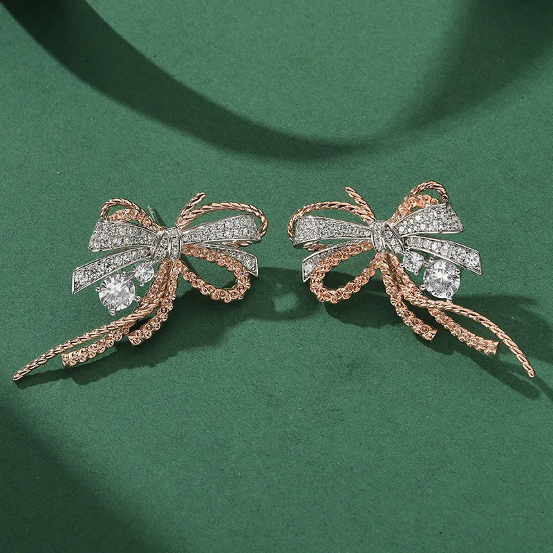 Earrings Women Lady Inlay Cubic Zircon Plated Gold Color Bowknot