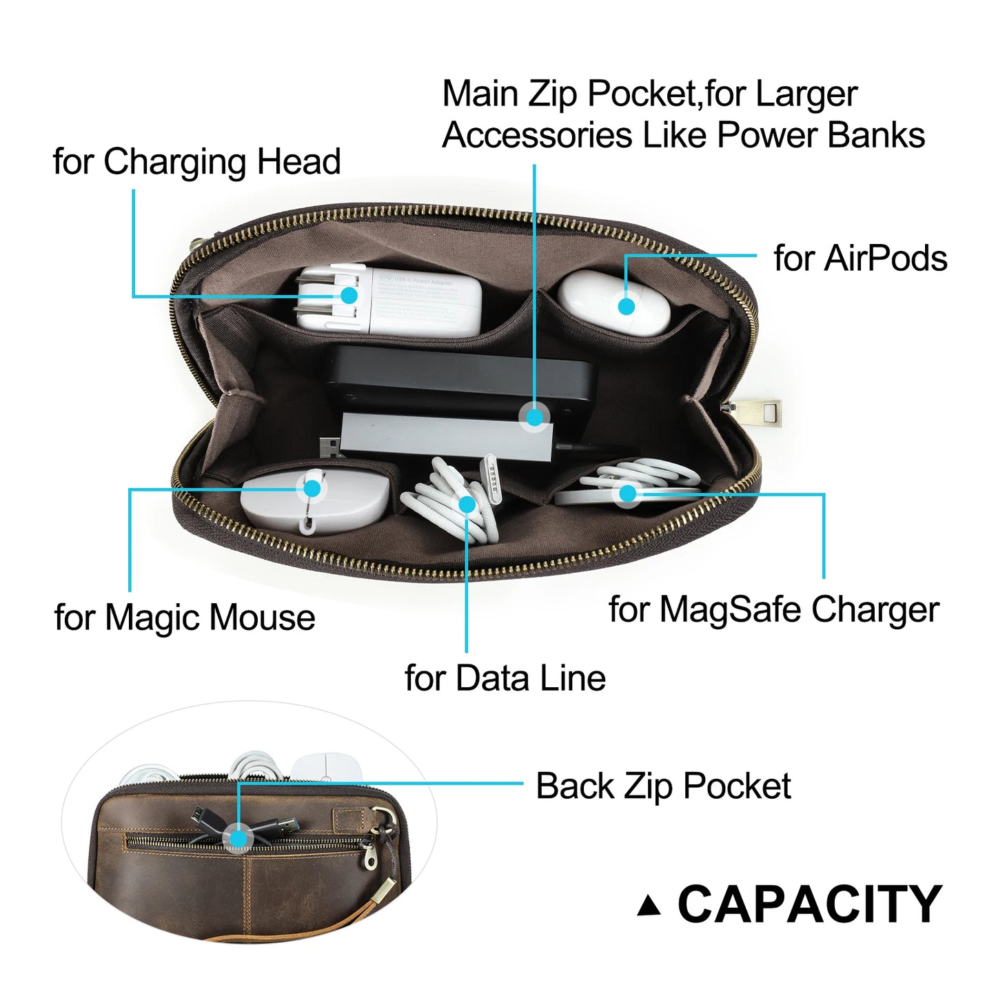 CONTACTS FAMILY 100% Nubuck Leather For Earphone Mouse Electronic Accessories Pouch Cowhide