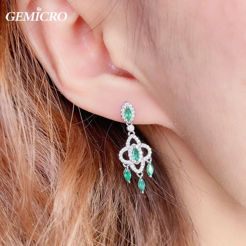Natural Emerald Drop Earrings with Gemstone of 2.5x5mm and S925 Sterling Silver for Women Daily