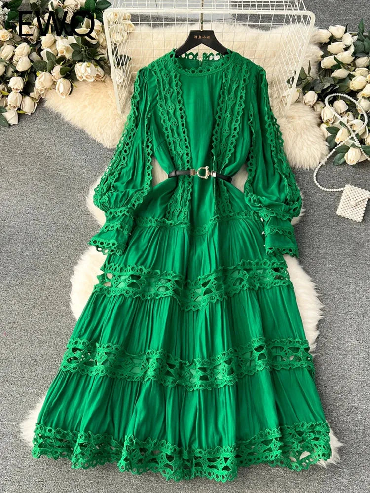 Hollow Out Lace Patchwork Puff Long Sleeve Solid Color - My Store