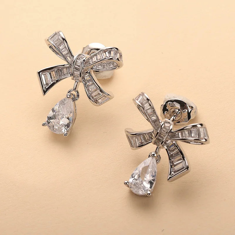 Earrings Women Lady Inlay Cubic Zircon Plated Gold Color Bowknot