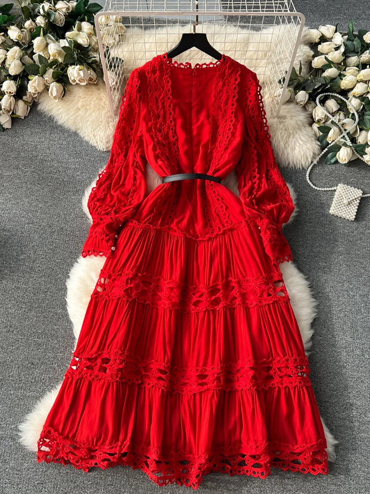 Hollow Out Lace Patchwork Puff Long Sleeve Solid Color - My Store