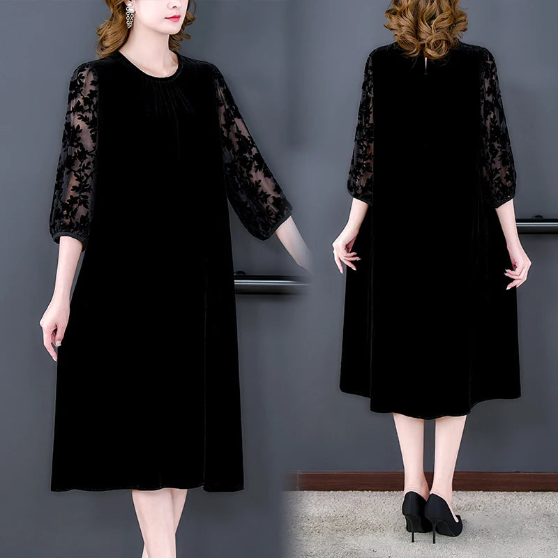 2024 New Fashion Women's velvet Silk Hollow Burnt Flower Dress Female Casual Style Summer O-Neck Dresses party Vestidos - My Store