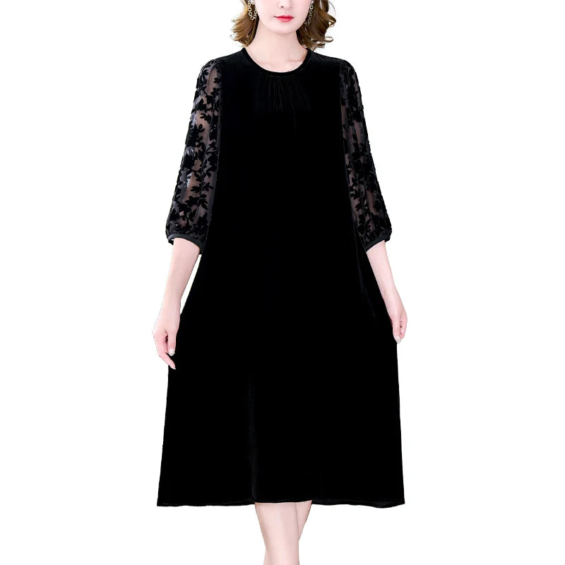 2024 New Fashion Women's velvet Silk Hollow Burnt Flower Dress Female Casual Style Summer O-Neck Dresses party Vestidos - My Store