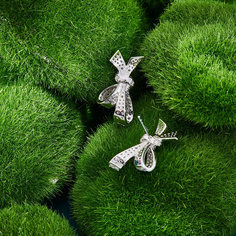 Earrings Women Lady Inlay Cubic Zircon Plated Gold Color Bowknot