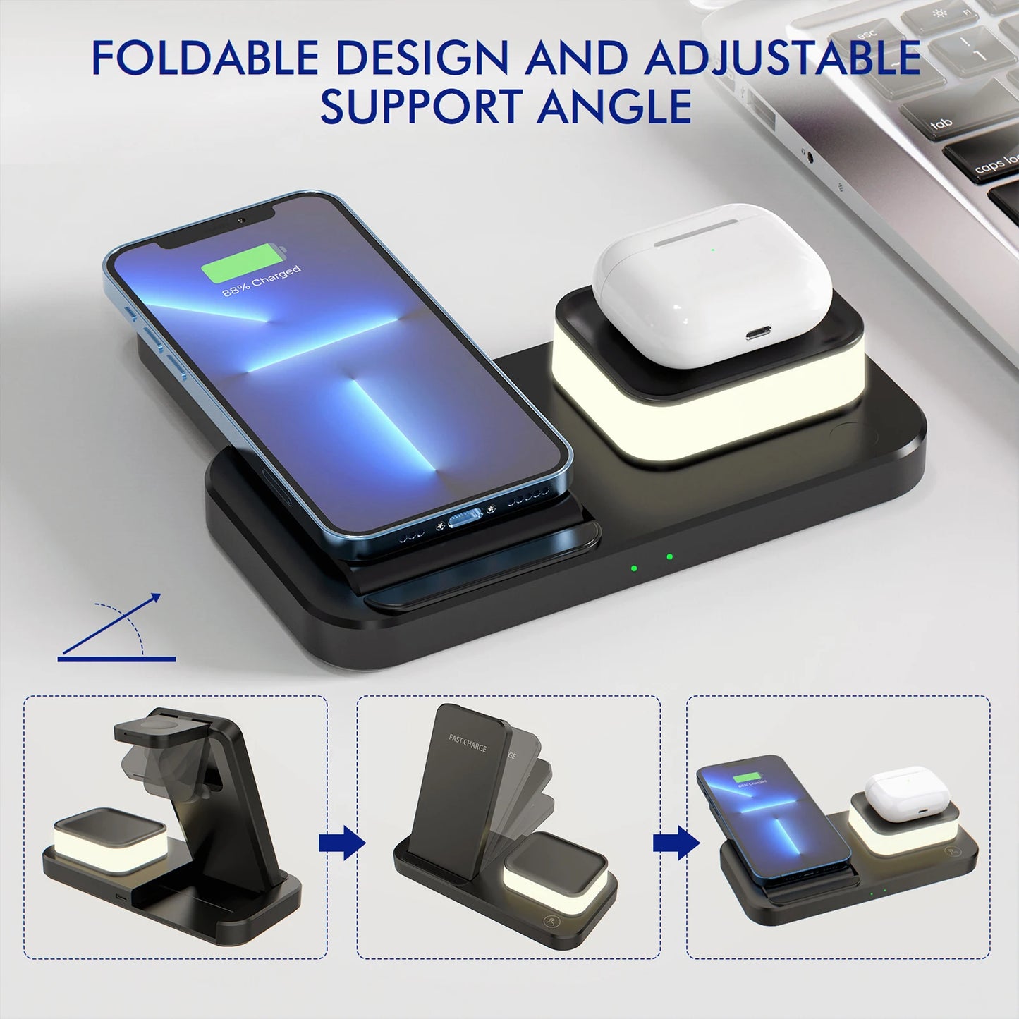 Wireless Charger 3 In 1 Foldable Stand Holder Fast Charging Dock Station Magnet Base Mobile Phone