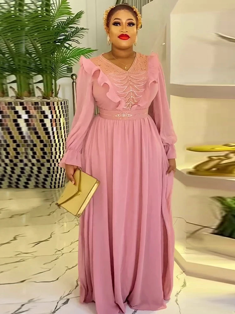 2024 Spring Summer Chiffon Dresses Wedding Party Women Long Sleeve Robe Dubai African Kaftan Abaya Prom Evening Gown Lady Outfit - My Store