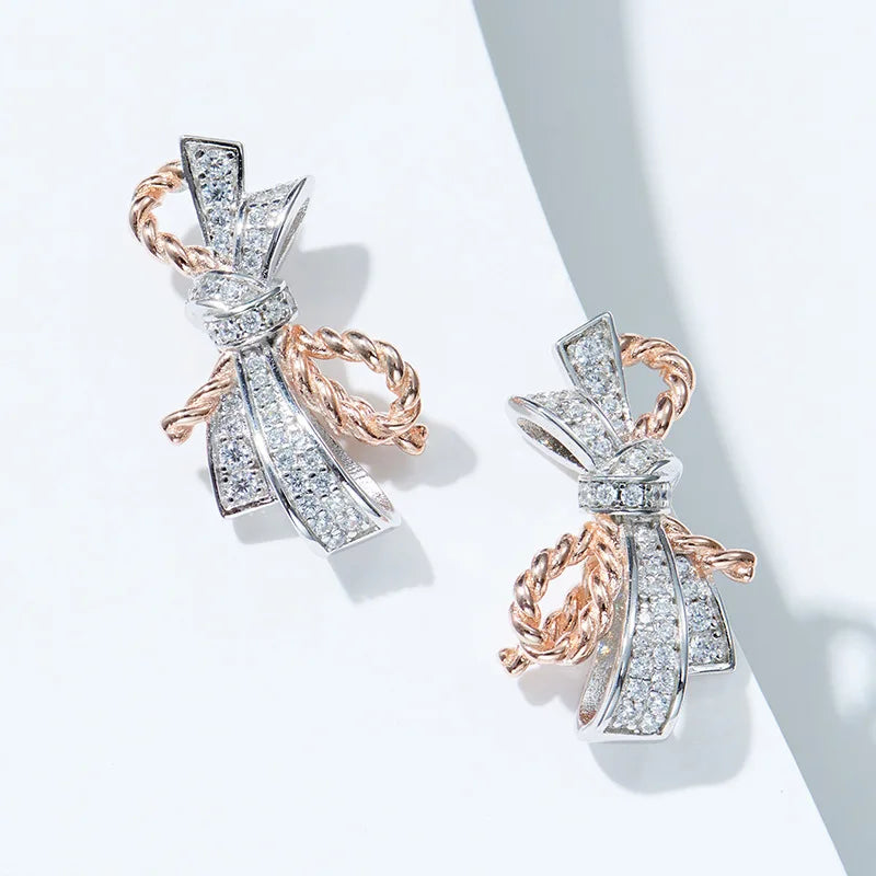 Earrings Women Lady Inlay Cubic Zircon Plated Gold Color Bowknot