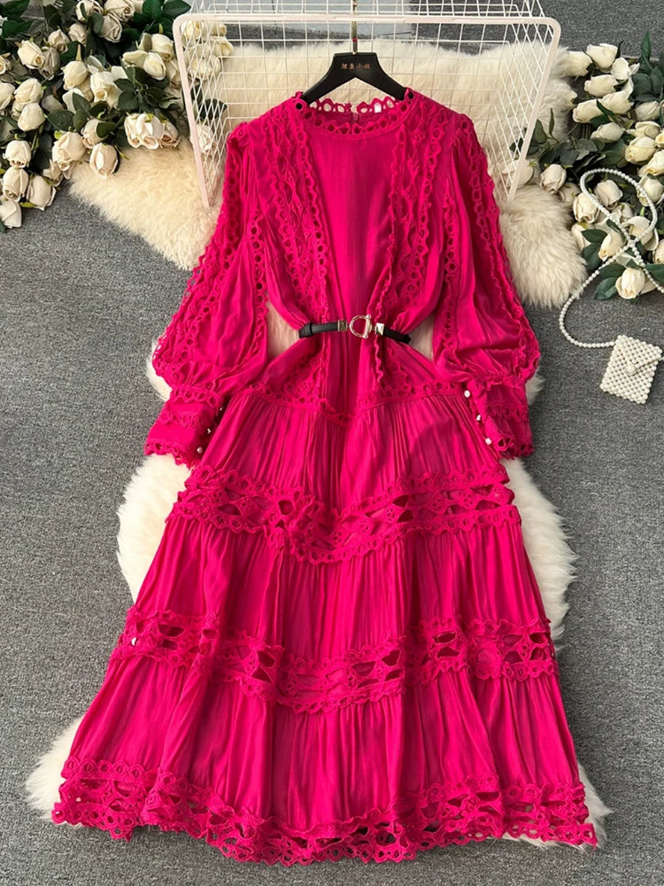 Hollow Out Lace Patchwork Puff Long Sleeve Solid Color - My Store