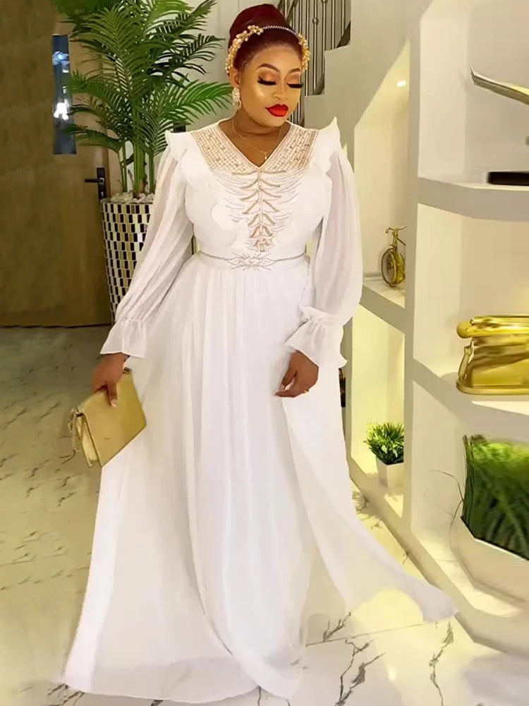 2024 Spring Summer Chiffon Dresses Wedding Party Women Long Sleeve Robe Dubai African Kaftan Abaya Prom Evening Gown Lady Outfit - My Store