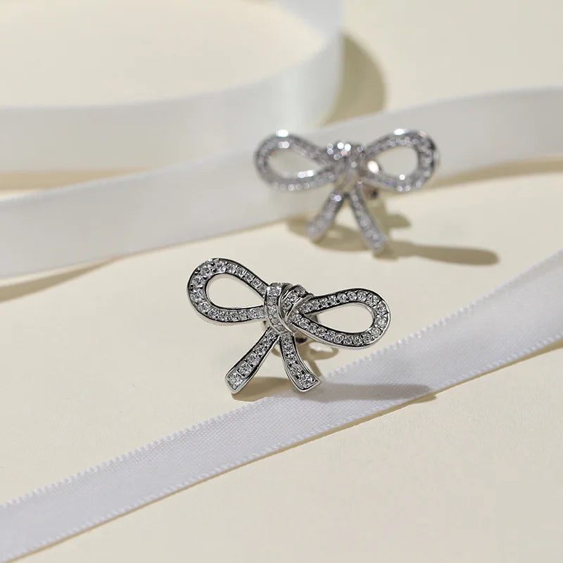 Earrings Women Lady Inlay Cubic Zircon Plated Gold Color Bowknot