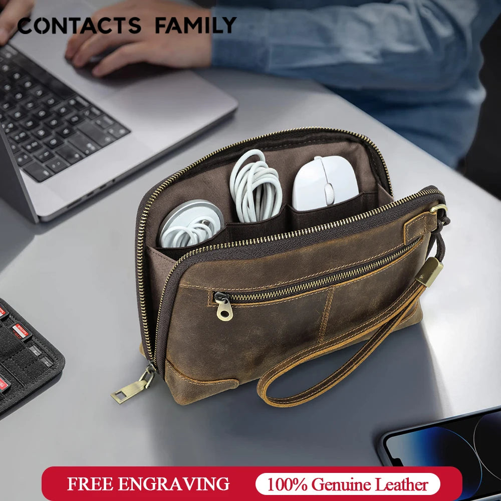 CONTACTS FAMILY 100% Nubuck Leather For Earphone Mouse Electronic Accessories Pouch Cowhide