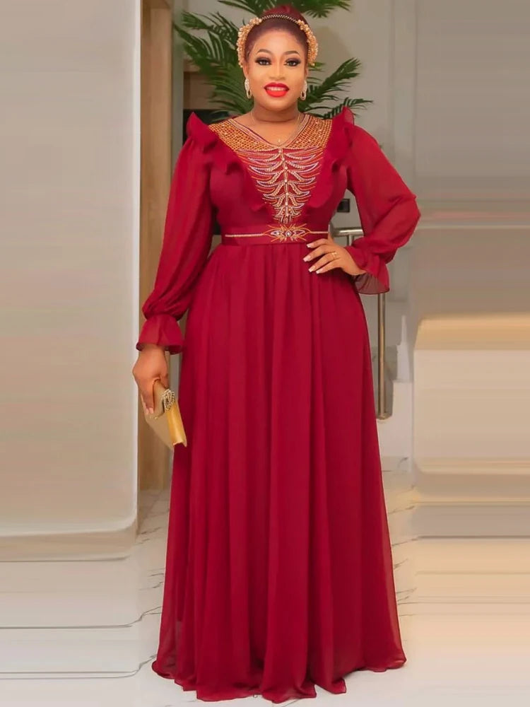 2024 Spring Summer Chiffon Dresses Wedding Party Women Long Sleeve Robe Dubai African Kaftan Abaya Prom Evening Gown Lady Outfit - My Store