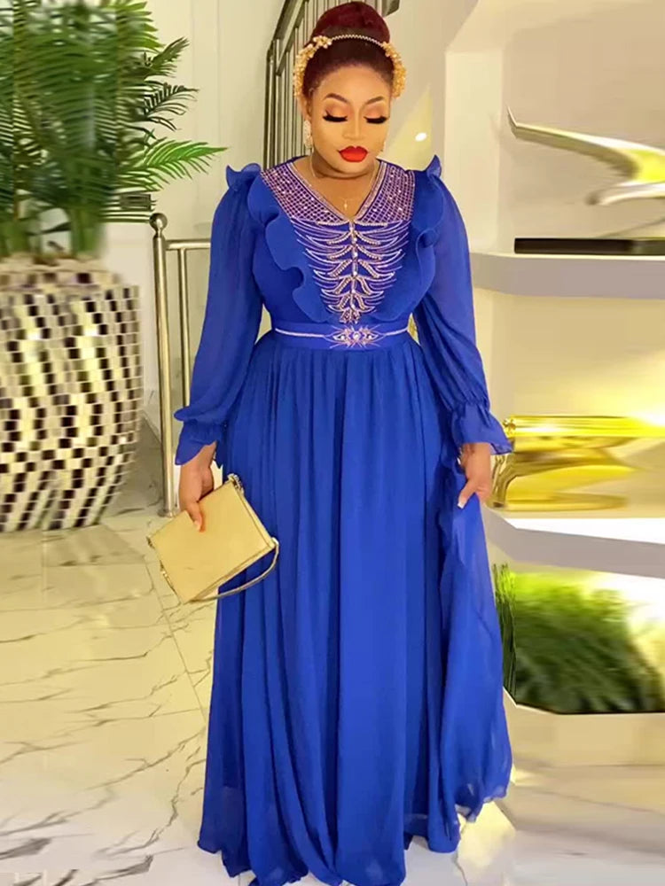2024 Spring Summer Chiffon Dresses Wedding Party Women Long Sleeve Robe Dubai African Kaftan Abaya Prom Evening Gown Lady Outfit - My Store