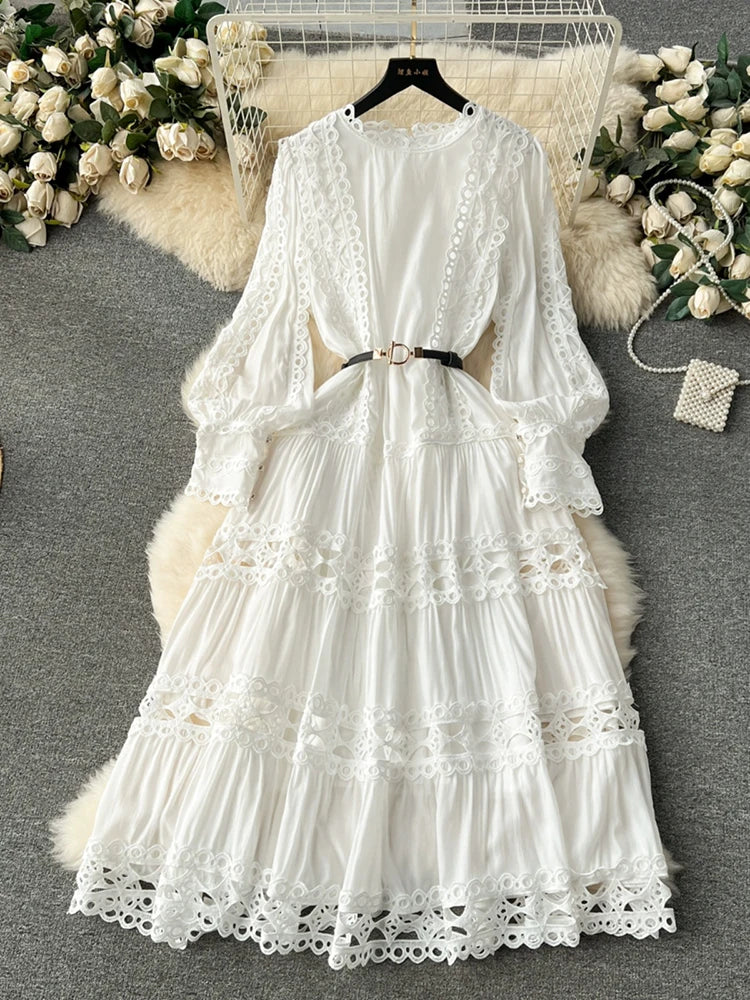 Hollow Out Lace Patchwork Puff Long Sleeve Solid Color - My Store